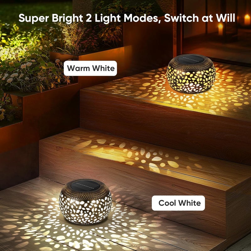 NFEVER Solar Lanterns Waterproof Outdoor Decor: 2 Pack Hollow Out Retro Metal Solar Lights, Unique Gardening Gifts for Women Mom, Outside Garden Yard Porch Lawn Indoor Tabletop Decorations, 2 Lighting Colors - Image 4